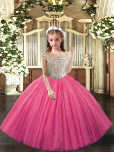 Best Hot Pink Tulle Lace Up Off The Shoulder Sleeveless Floor Length Little Girl Pageant Gowns Beading