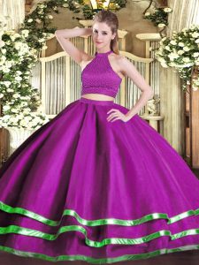 Suitable Fuchsia Halter Top Neckline Beading Quince Ball Gowns Sleeveless Backless