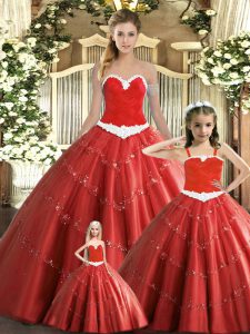 Red Ball Gowns Sweetheart Sleeveless Tulle Floor Length Lace Up Beading Sweet 16 Dresses