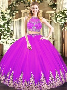 Fantastic Fuchsia Tulle Zipper Scoop Sleeveless Floor Length Sweet 16 Dresses Beading and Appliques