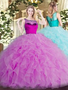 Lilac Ball Gowns Organza Scoop Sleeveless Beading and Ruffles Floor Length Zipper Quinceanera Gown