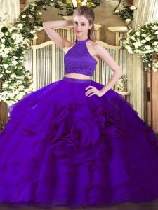 Affordable Purple Two Pieces Beading and Ruffles Sweet 16 Dresses Backless Tulle Sleeveless Floor Length