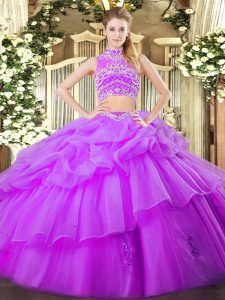 Sleeveless Floor Length Beading and Ruffles and Pick Ups Backless Quince Ball Gowns with Eggplant Purple