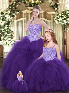 Eggplant Purple Sweetheart Neckline Beading and Ruffles 15 Quinceanera Dress Sleeveless Lace Up