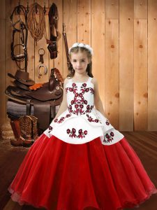 Cheap White And Red Organza Lace Up Pageant Dress for Teens Sleeveless Floor Length Embroidery