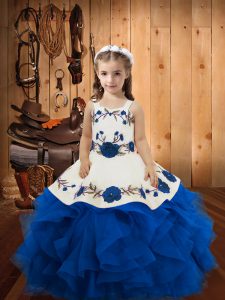 Floor Length Lace Up High School Pageant Dress Blue for Sweet 16 and Quinceanera with Embroidery and Ruffles