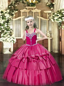 Affordable Sleeveless Organza Floor Length Lace Up Pageant Dress Wholesale in Hot Pink with Beading and Ruffled Layers
