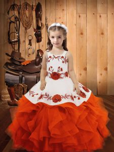 Tulle Straps Sleeveless Lace Up Embroidery and Ruffles Little Girl Pageant Dress in Orange Red