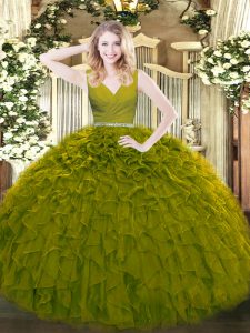 Olive Green Sleeveless Floor Length Beading and Ruffles Zipper Quinceanera Dress