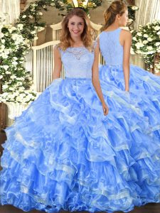 Fitting Light Blue Organza Clasp Handle 15 Quinceanera Dress Sleeveless Floor Length Lace and Ruffled Layers