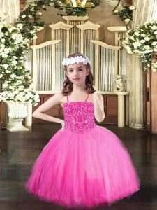 Rose Pink Ball Gowns Tulle Spaghetti Straps Sleeveless Beading Floor Length Lace Up Pageant Dress Wholesale