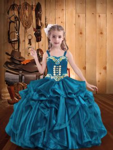 Best Teal Sleeveless Floor Length Embroidery and Ruffles Lace Up Girls Pageant Dresses