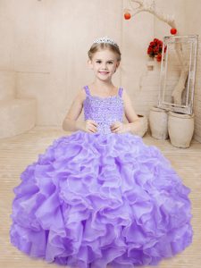 Lavender Straps Neckline Beading and Ruffles High School Pageant Dress Sleeveless Lace Up