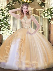 Popular Sleeveless Floor Length Lace and Ruffles Backless 15th Birthday Dress with Champagne