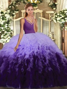 Enchanting Ball Gowns 15th Birthday Dress Multi-color V-neck Tulle Sleeveless Floor Length Backless