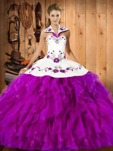 Halter Top Sleeveless Vestidos de Quinceanera Floor Length Embroidery and Ruffles Fuchsia Satin and Organza