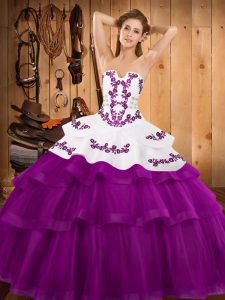 Affordable Fuchsia Strapless Lace Up Embroidery and Ruffled Layers Quinceanera Gown Sweep Train Sleeveless