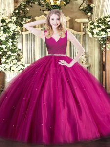 Fine Fuchsia Sleeveless Tulle Zipper Quinceanera Gown for Military Ball and Sweet 16 and Quinceanera