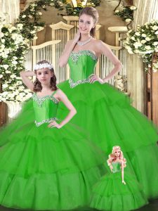 Luxury Sweetheart Sleeveless 15th Birthday Dress Floor Length Beading and Ruffled Layers Green Organza
