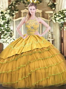 Sleeveless Satin and Organza Floor Length Zipper 15 Quinceanera Dress in Gold with Beading and Embroidery and Ruffled Layers