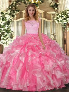 Lace and Ruffles Quinceanera Dresses Hot Pink Clasp Handle Sleeveless Floor Length