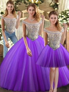 Floor Length Lace Up Quinceanera Gown Eggplant Purple for Military Ball and Sweet 16 and Quinceanera with Beading
