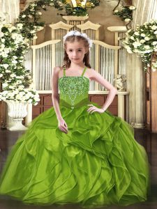 Sleeveless Floor Length Beading and Ruffles Lace Up Child Pageant Dress with Olive Green