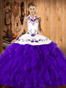 Satin and Organza Halter Top Sleeveless Lace Up Embroidery and Ruffles Quinceanera Dresses in Purple