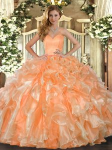 Orange 15th Birthday Dress Military Ball and Sweet 16 and Quinceanera with Beading and Ruffles Sweetheart Sleeveless Lace Up