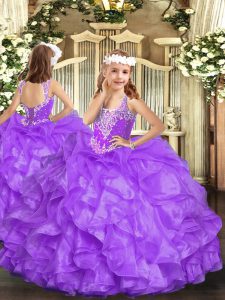 Hot Sale Lavender Lace Up Child Pageant Dress Beading and Ruffles Sleeveless Floor Length