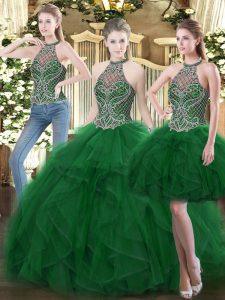 Floor Length Ball Gowns Sleeveless Dark Green Ball Gown Prom Dress Lace Up