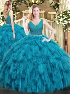 Elegant Floor Length Zipper Ball Gown Prom Dress Teal for Military Ball and Sweet 16 and Quinceanera with Beading and Ruffles