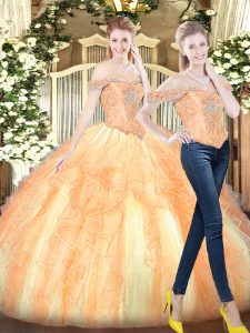 Off The Shoulder Sleeveless Organza Quince Ball Gowns Beading and Ruffles Lace Up
