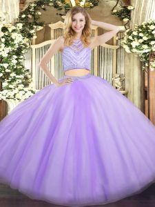 Customized Lavender Sleeveless Floor Length Beading Zipper Quinceanera Gown