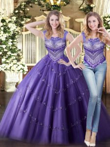 Cheap Sleeveless Floor Length Beading Lace Up Sweet 16 Quinceanera Dress with Purple