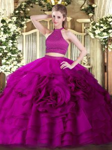 Extravagant Fuchsia Two Pieces Halter Top Sleeveless Tulle Floor Length Backless Beading and Ruffles Sweet 16 Quinceanera Dress