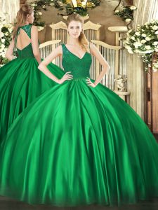 Hot Sale Dark Green Satin Backless Sweet 16 Dress Sleeveless Floor Length Beading and Lace