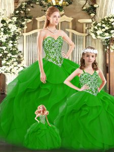 Green Tulle Lace Up Quince Ball Gowns Sleeveless Floor Length Beading and Ruffles
