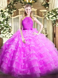 Stylish Scoop Sleeveless Quinceanera Dresses Floor Length Ruffled Layers Lilac Organza