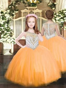 Trendy Orange Ball Gowns Tulle Scoop Sleeveless Beading Floor Length Zipper Little Girls Pageant Dress