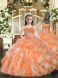 Affordable Orange Lace Up Little Girls Pageant Gowns Beading and Sequins Sleeveless Floor Length