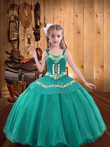Straps Sleeveless Kids Pageant Dress Embroidery and Ruffles Teal Organza