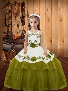 Sleeveless Floor Length Embroidery and Ruffled Layers Lace Up Little Girl Pageant Dress with Olive Green
