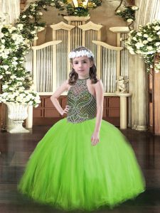 Stunning Halter Top Sleeveless Tulle Little Girls Pageant Gowns Beading Lace Up