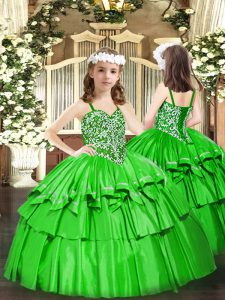Green Ball Gowns Straps Sleeveless Organza Floor Length Lace Up Beading and Ruffled Layers Little Girl Pageant Dress