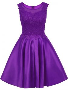 Purple A-line Scoop Sleeveless Satin Mini Length Zipper Lace Vestidos de Damas