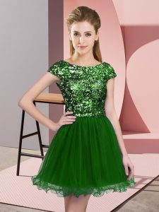 Best Selling Green A-line Scoop Cap Sleeves Tulle Mini Length Zipper Sequins Vestidos de Damas