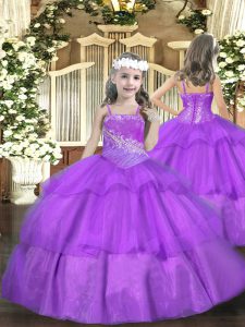Purple Sleeveless Floor Length Beading and Ruffled Layers Lace Up Little Girls Pageant Dress Wholesale