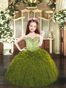 Spaghetti Straps Sleeveless Pageant Dress for Girls Floor Length Beading and Ruffles Olive Green Organza