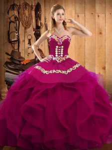 Dramatic Organza Sweetheart Sleeveless Lace Up Embroidery and Ruffles Quinceanera Gowns in Fuchsia